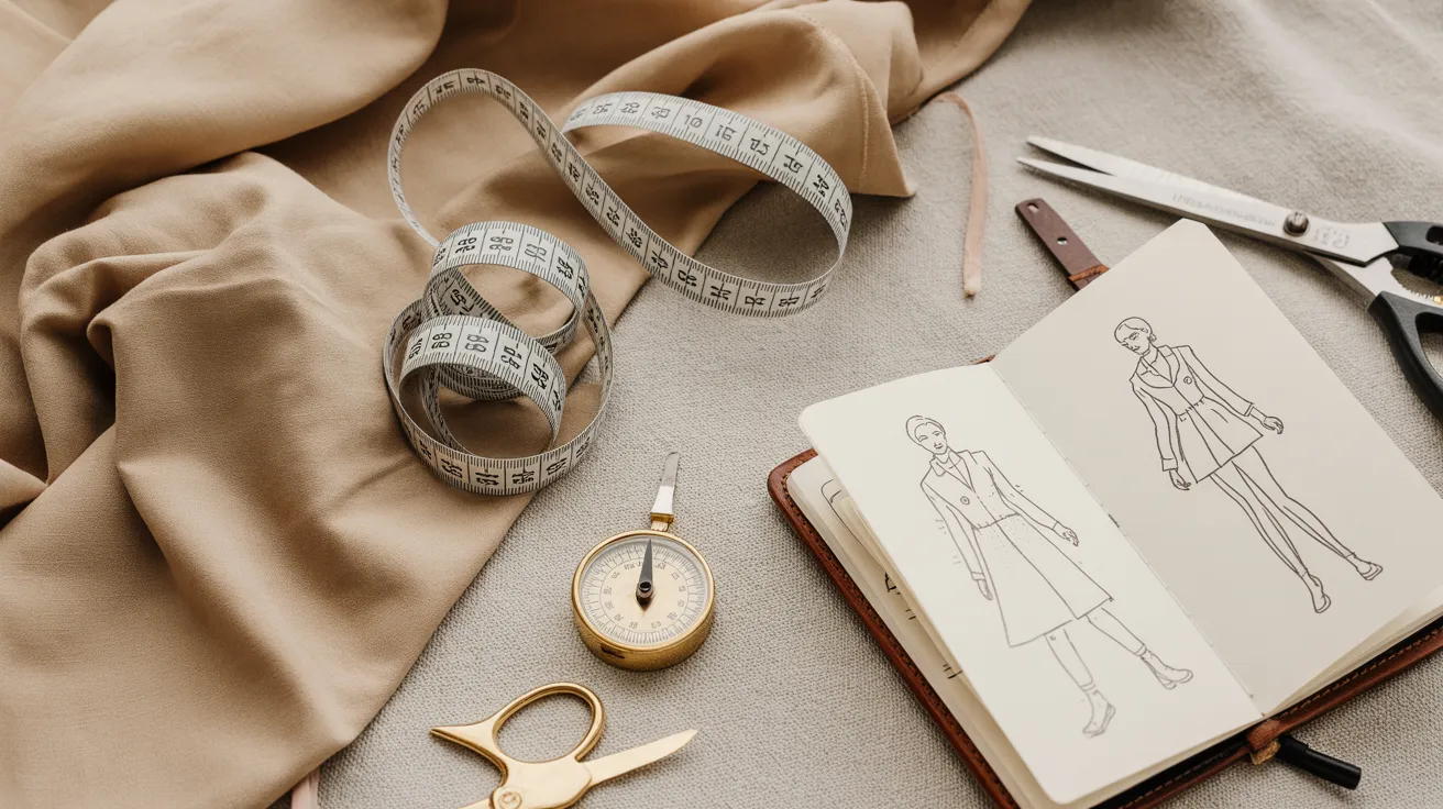 Body shape calculator — measuring tape and tailor's tools flat-lay