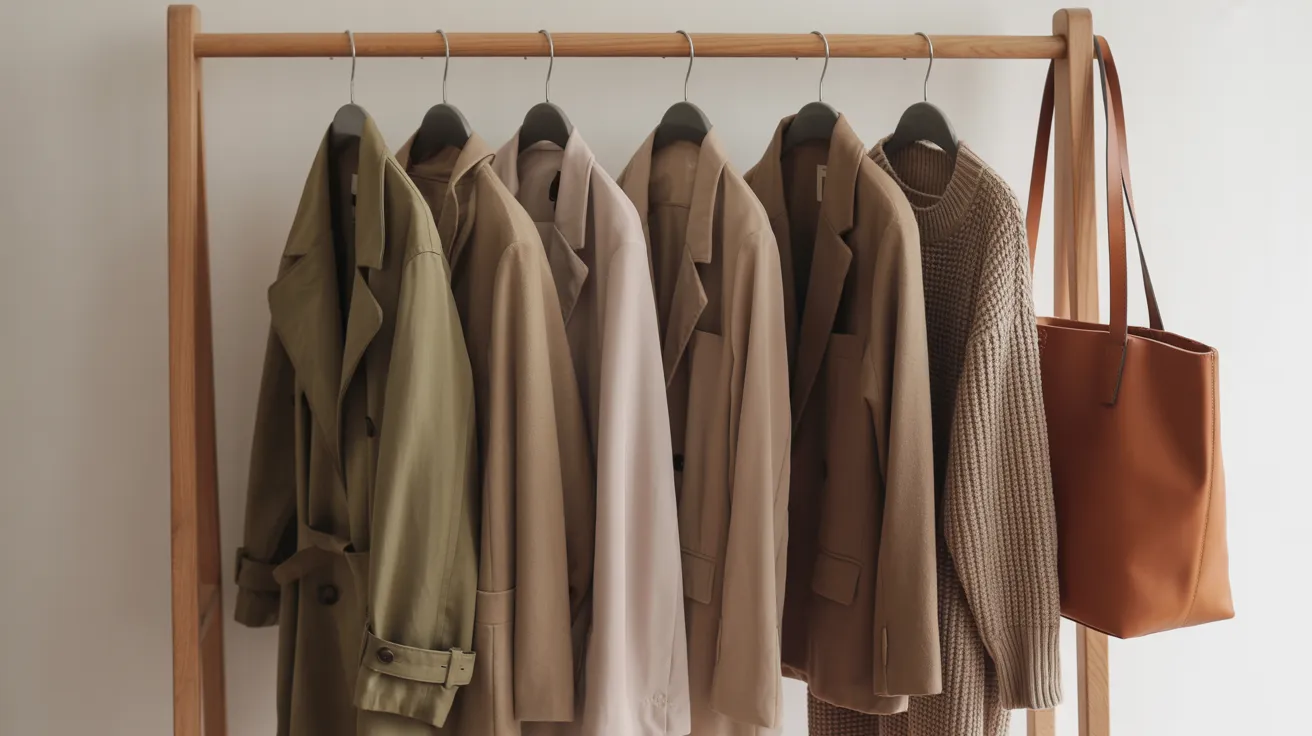 Capsule wardrobe — curated earth-toned pieces on oak rack
