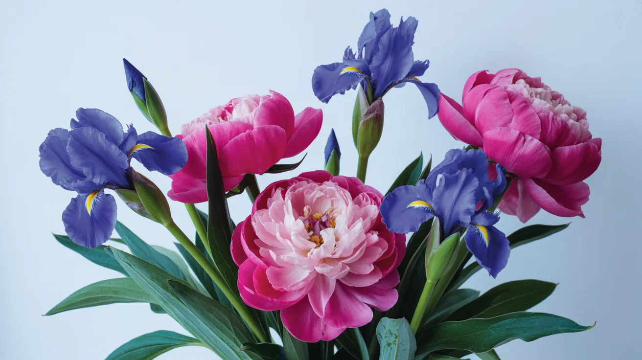 Clear Winter mood — electric hot pink peonies and royal blue irises