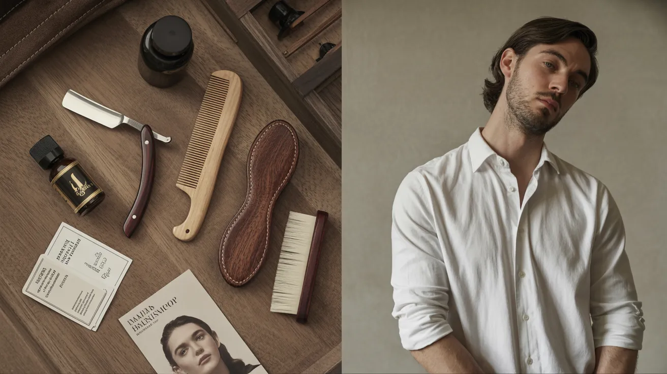 Men's hairstyle recommendations — barbershop tools flat-lay