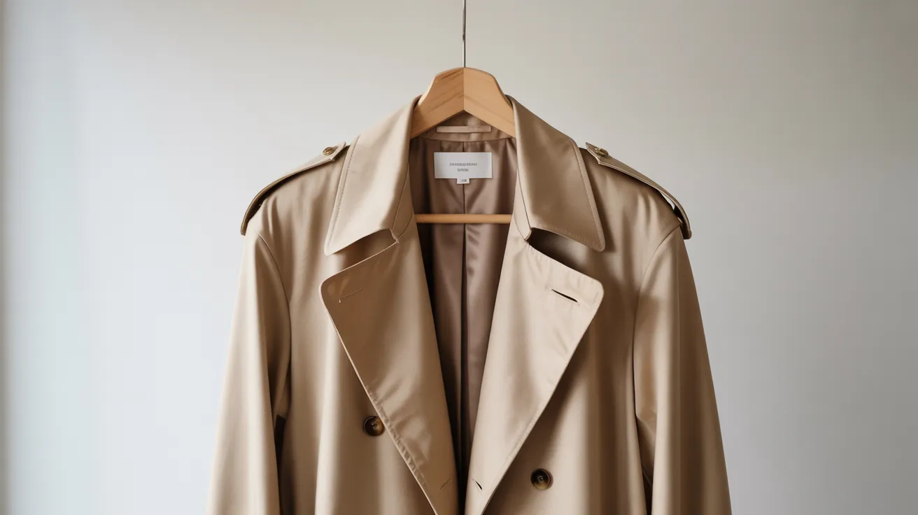 Classic essence — perfectly tailored beige trench on wooden hanger