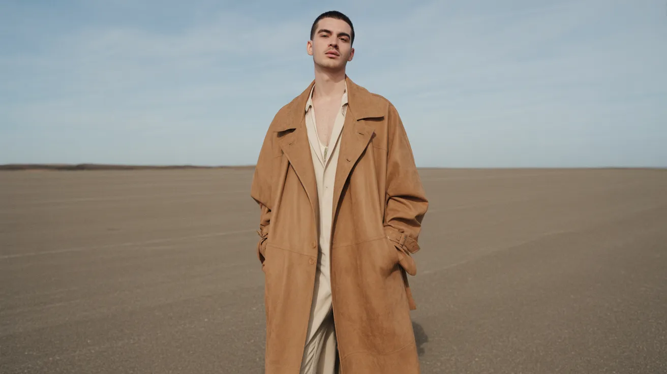 Flamboyant Natural essence — oversized suede trench on open horizon