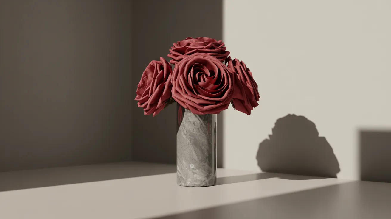 Soft Dramatic essence — lush red silk roses on marble pedestal