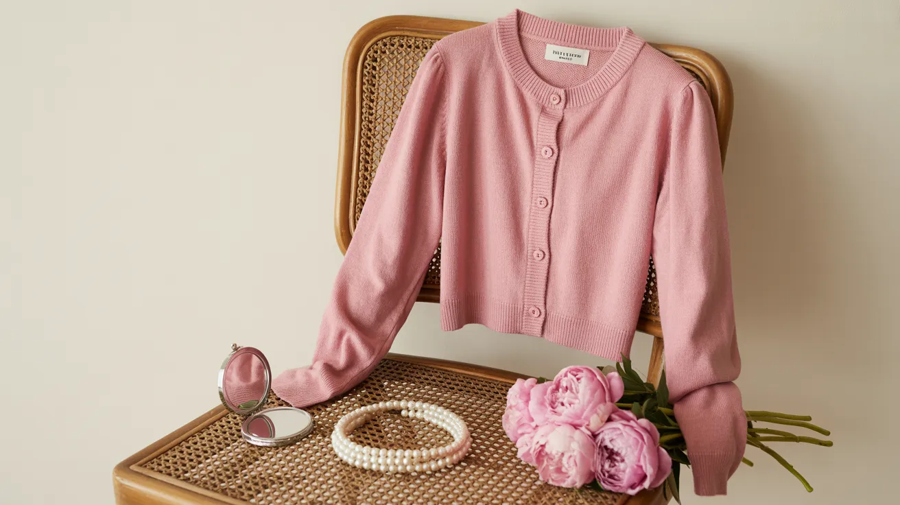 Soft Gamine essence — pink cashmere cardigan with pearls and peonies