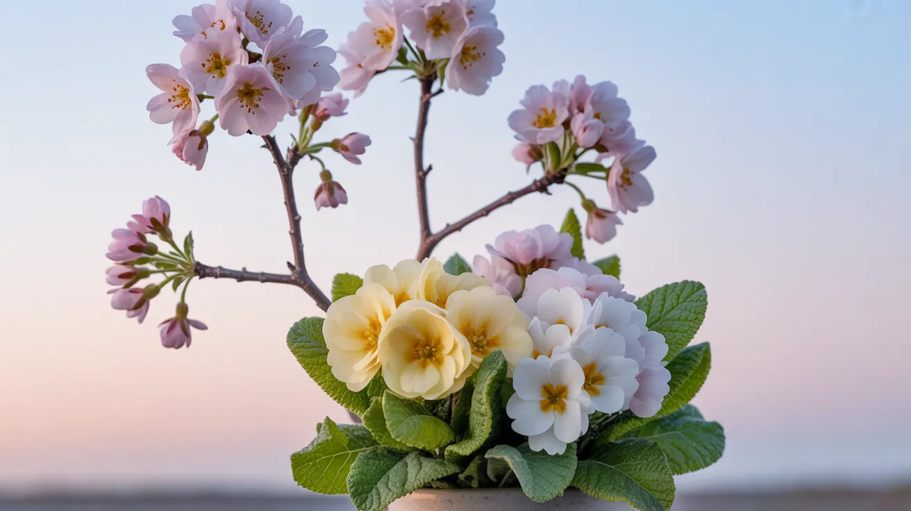Light Spring mood — peach blossoms and butter yellow primroses