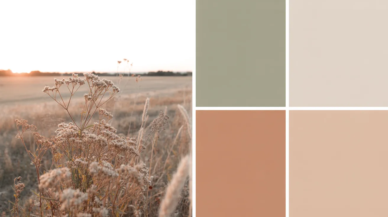 Soft Autumn mood — muted terracotta and sage wildflower field at golden hour