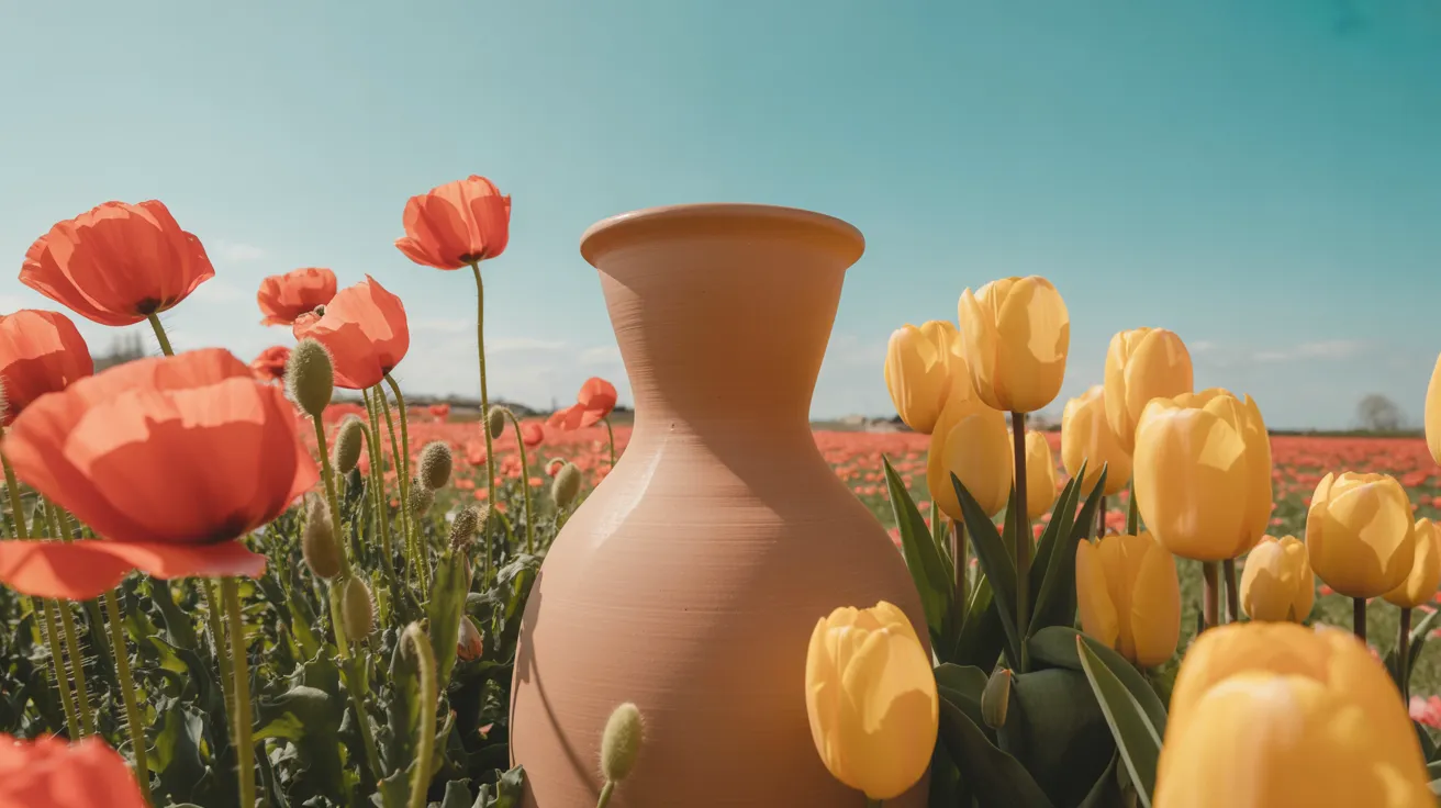 Warm Spring mood — vivid coral poppies and golden tulips in sunlight