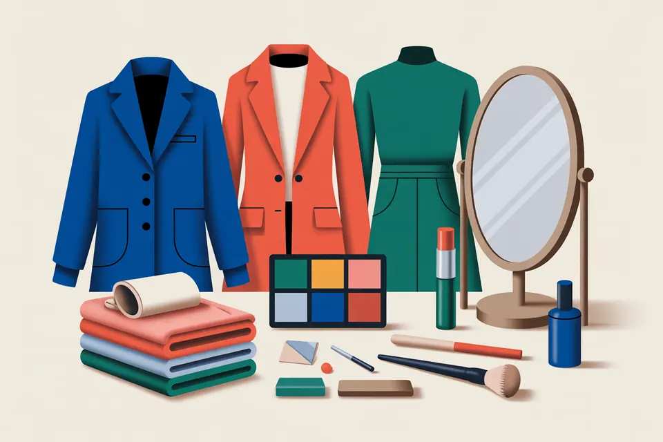 Clothing, materials and accessories arranged in contrasting style groups.