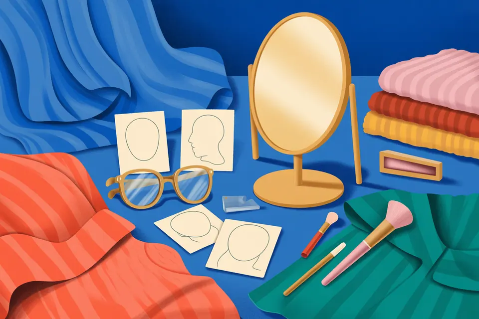 Eyeglass frames, cards with facial outlines and a mirror.