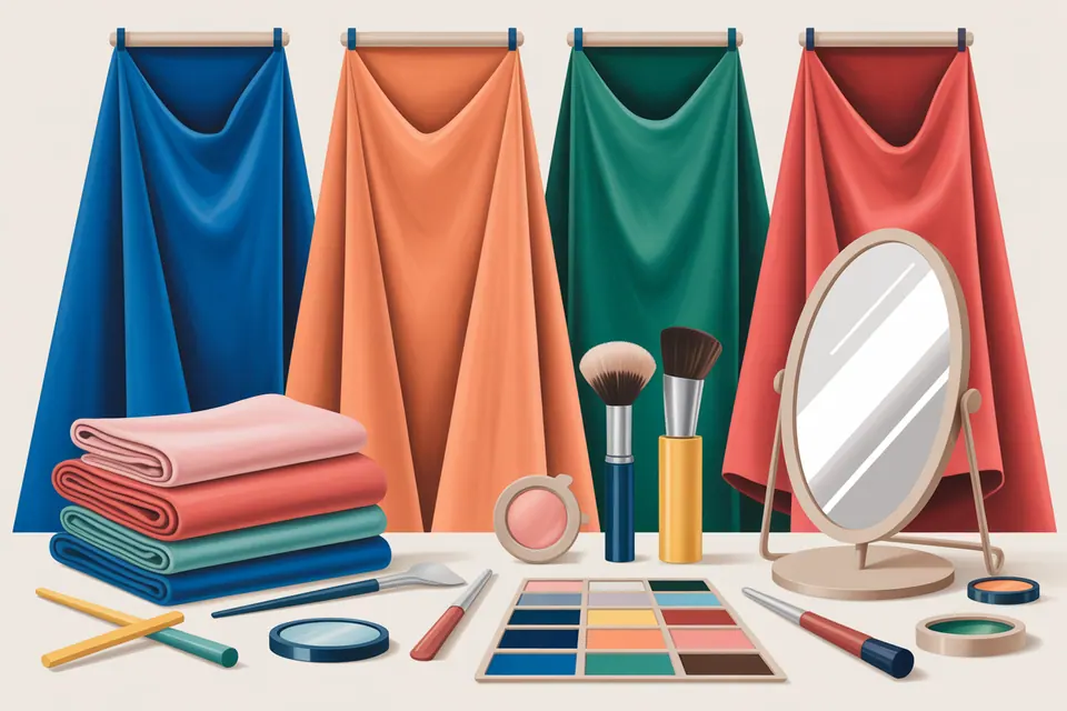Fabric swatches arranged in coordinated color groups.