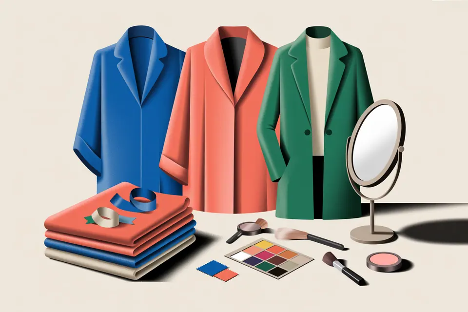 Tailored jackets, folded fabrics, makeup tools and a standing mirror.
