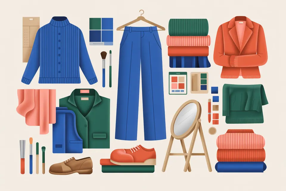 Prendas de punto dobladas, pantalones, una chaqueta y zapatos de diario.
