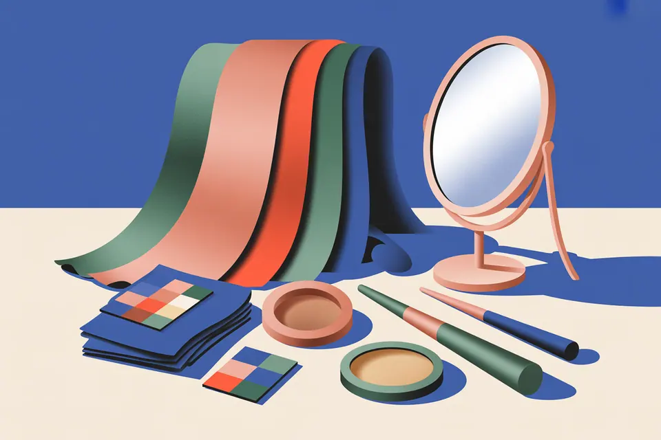 Makeup tools and fabric swatches beside a mirror.