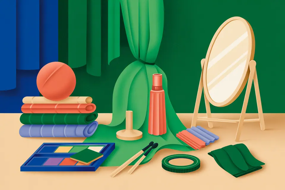 Green fabric beside neutral-colored draping materials.