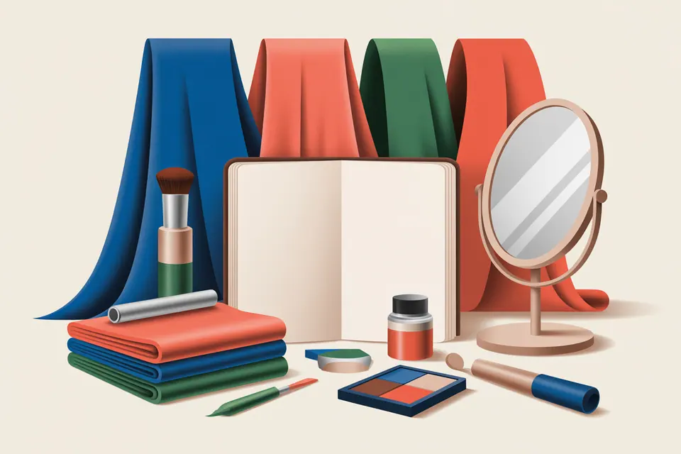 Paired fabric samples beside a blank observation notebook.