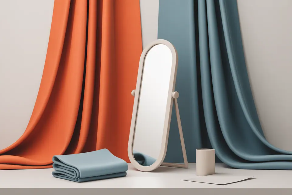 Warm and cool fabrics draped around a standing mirror, with folded textiles in front.
