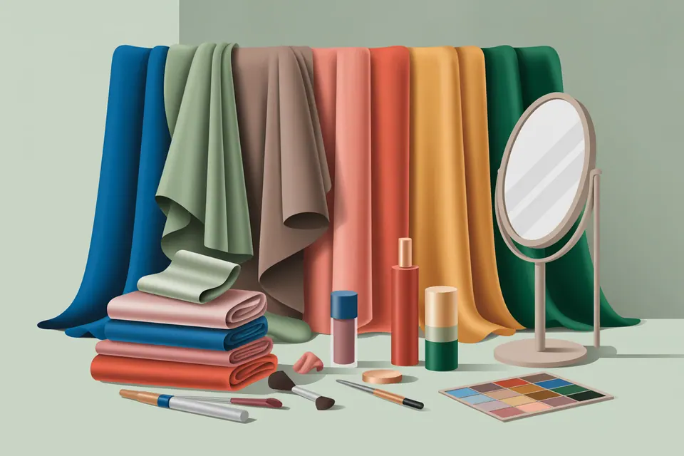 Muted green, taupe, rose and golden textiles arranged together.