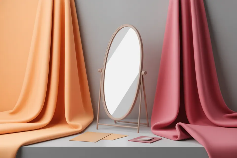 Peach, cool rose and neutral gray fabrics beside a standing mirror.