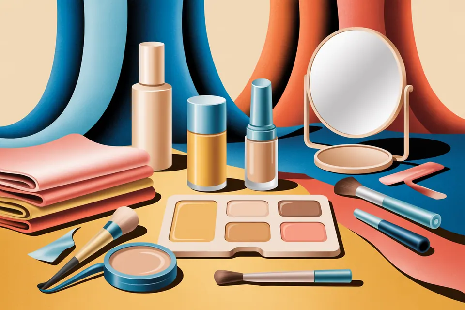 Golden and peach beige foundation samples on a plain makeup palette.