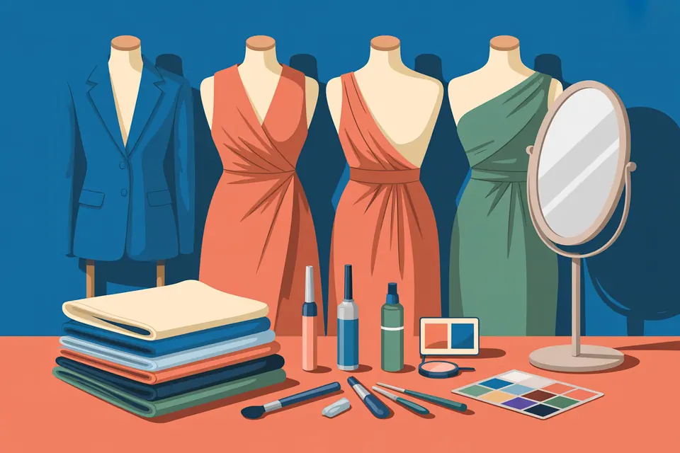 Structured tailoring and softly draped fabrics on headless dress forms.