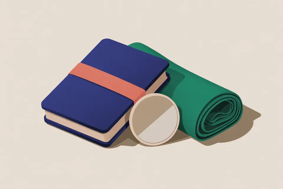 Un libro cerrado azul cobalto con una banda coral junto a tela verde jade y un espejo.