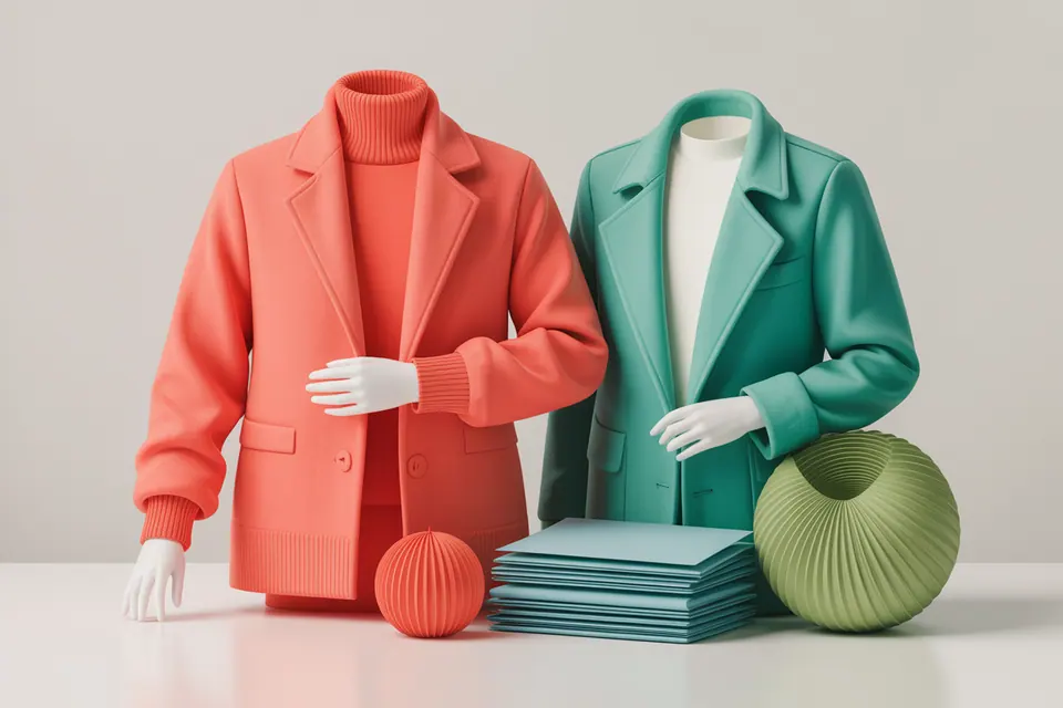 Knitwear, draped fabric and a jacket in bright coral, turquoise, warm green and ivory.