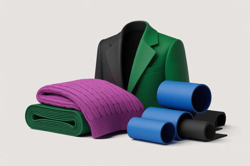 Knitwear, draped fabric and a jacket in vivid magenta, electric blue, emerald, black and white.