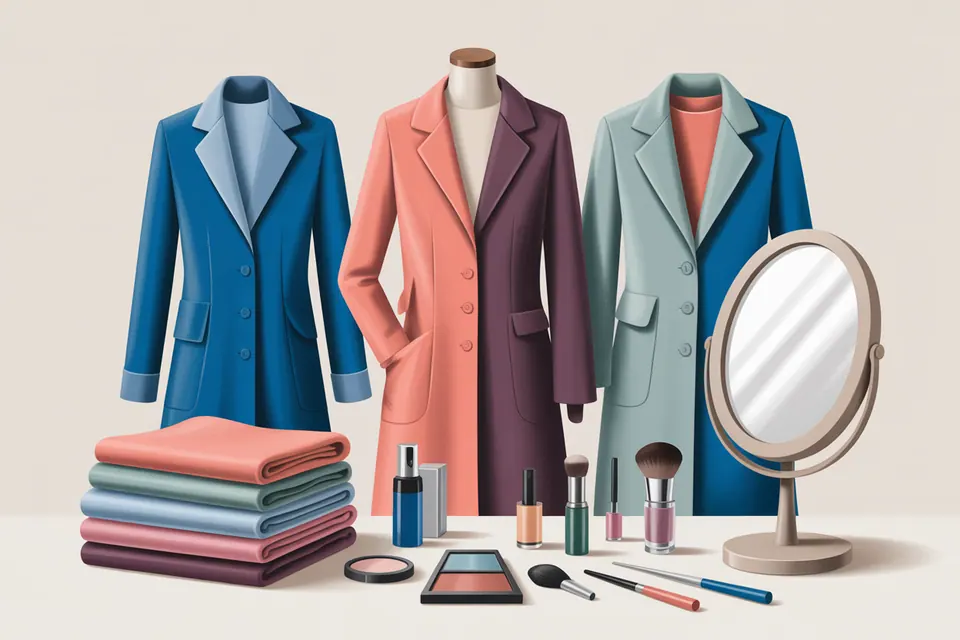 Clothing and fabric swatches in soft blue, cool rose, muted plum and cool gray.