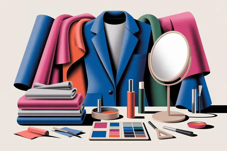 Clothing and fabric swatches in cool fuchsia, royal blue, silver gray and black.