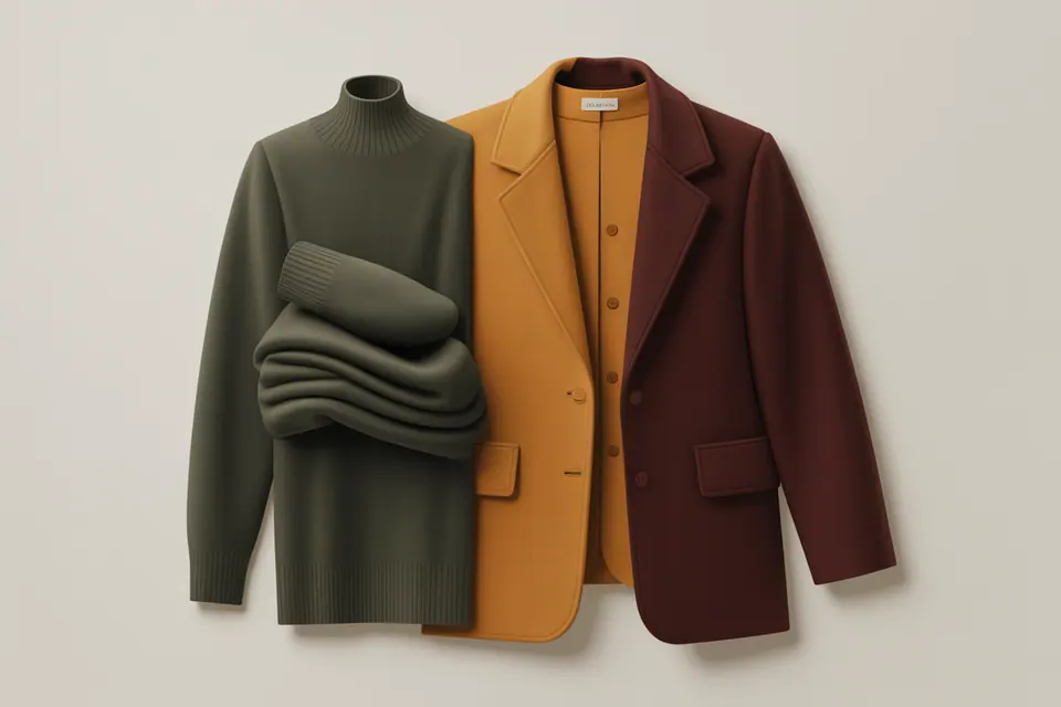 Knitwear, draped fabric and a jacket in deep olive, espresso brown, dark burgundy and rich ochre.