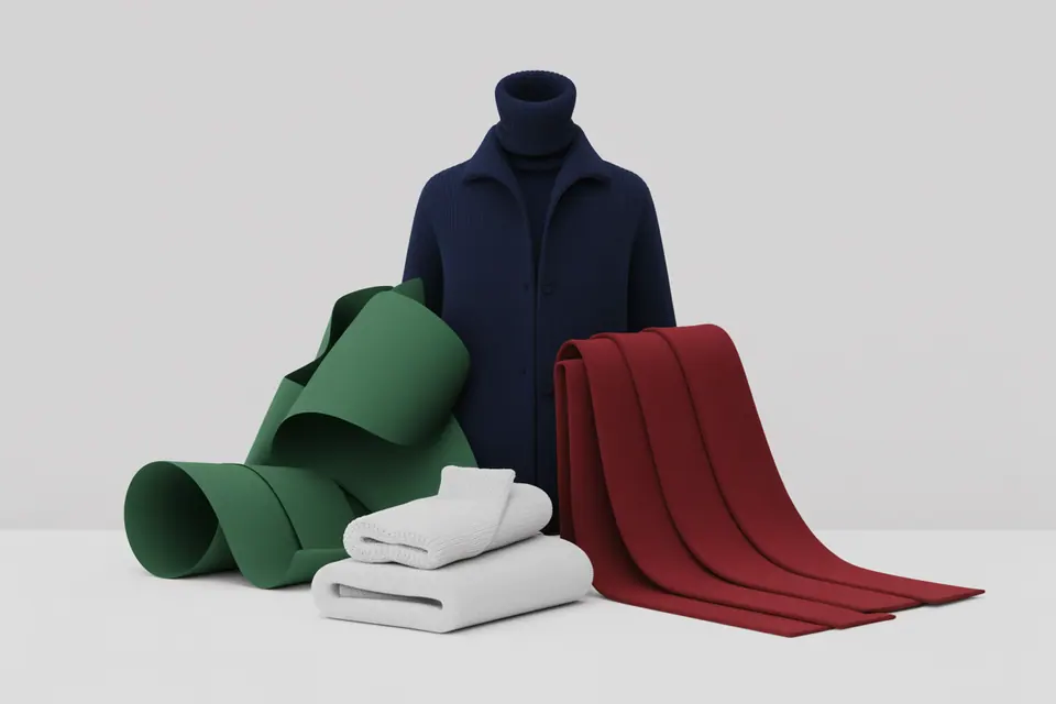 Knitwear, draped fabric and a jacket in navy, cool burgundy, pine green and white.