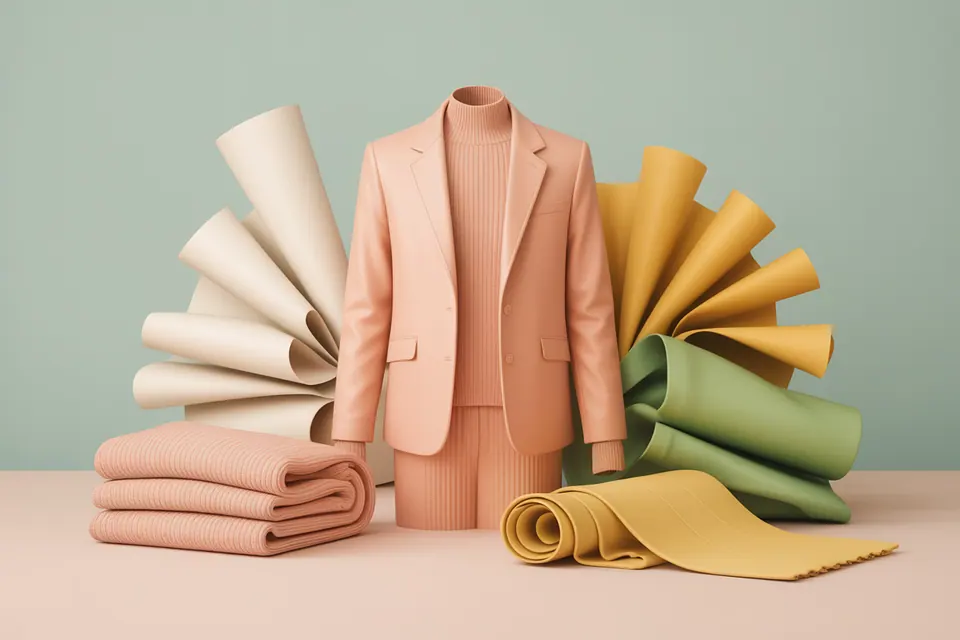 Knitwear, draped fabric and a jacket in pale peach, warm ivory, butter yellow and light green.