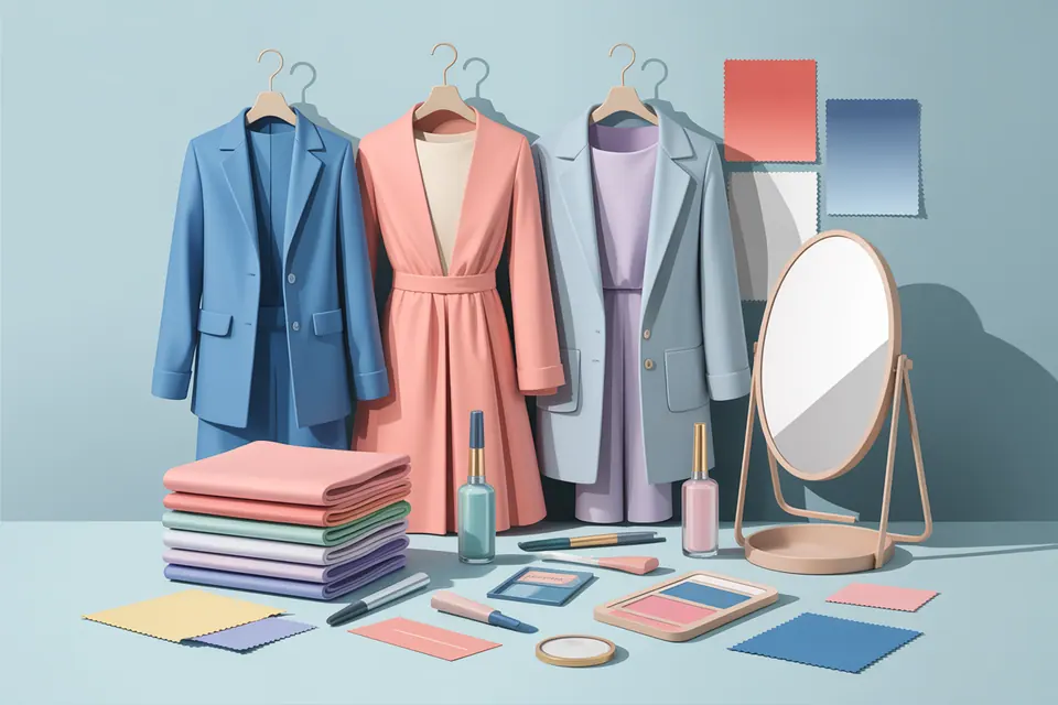 Clothing and fabric swatches in powder blue, cool blush, pale lavender and pearl gray.