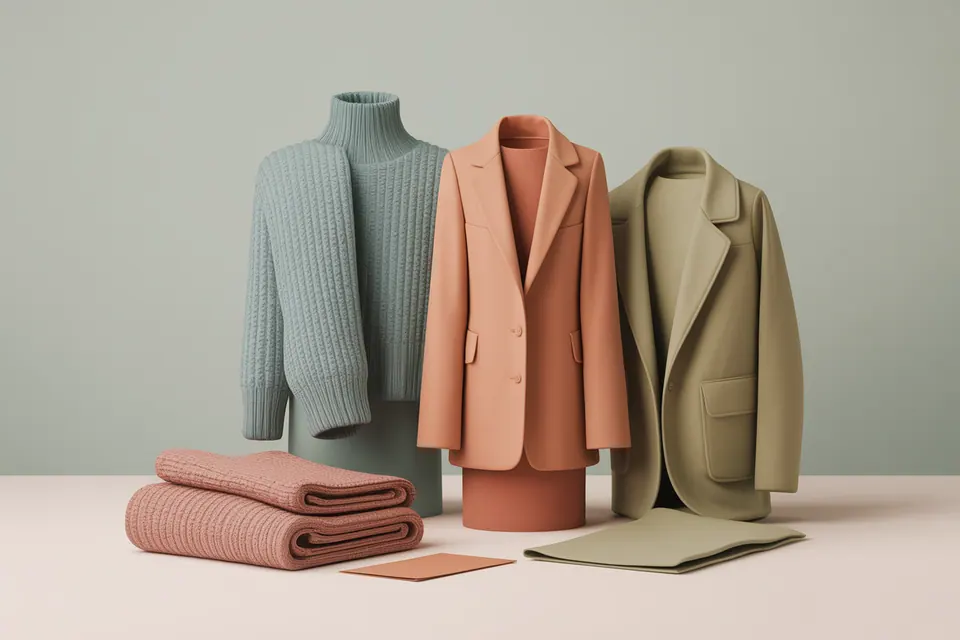 Knitwear, draped fabric and a jacket in muted sage, warm taupe, dusty peach and olive.