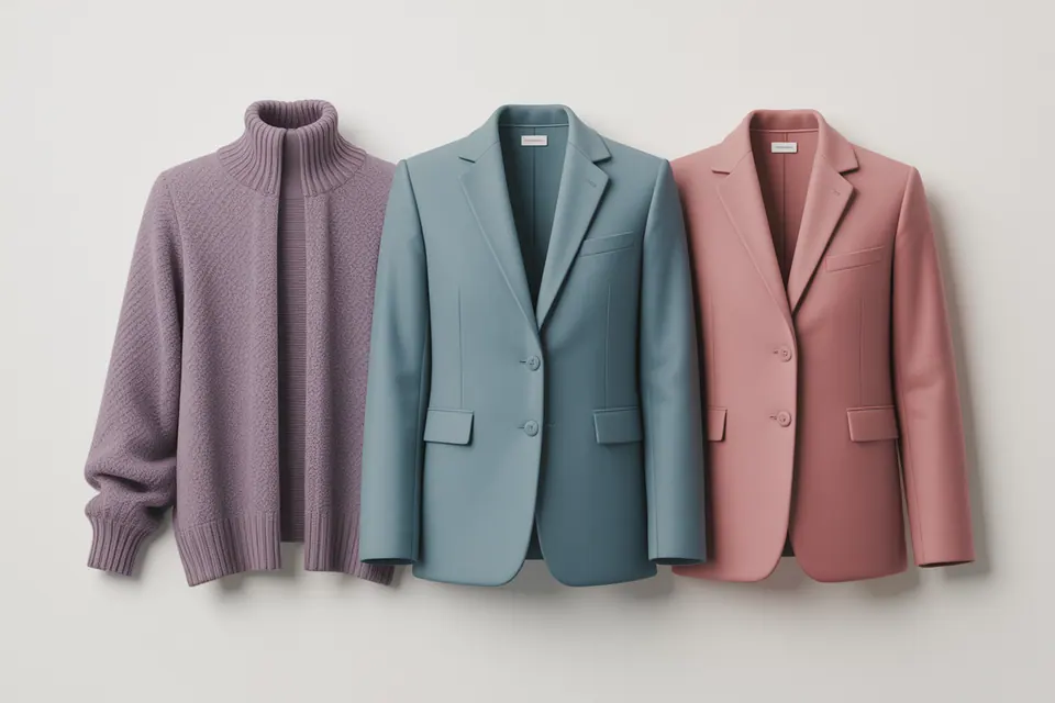 Knitwear, draped fabric and a jacket in dusty mauve, blue-gray, muted teal and soft rose.