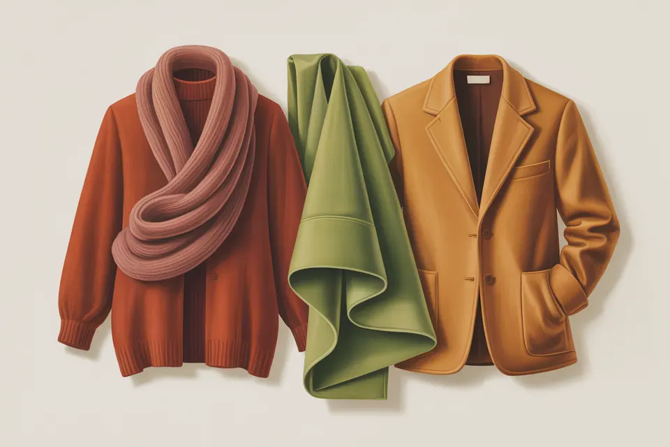 Knitwear, draped fabric and a jacket in rust, amber, moss green and warm chocolate brown.