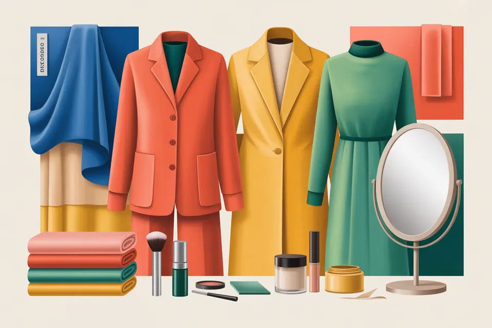 Clothing and fabric swatches in coral, warm yellow, grass green and light camel.