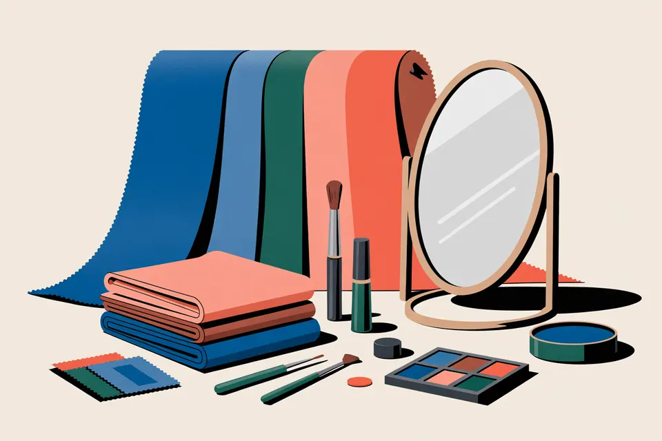 Muestras de tela, prendas dobladas, utensilios de maquillaje y un espejo de pie.