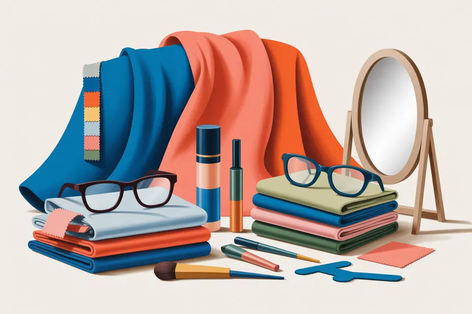 Fabric swatches, eyeglass frames and makeup tools arranged together.